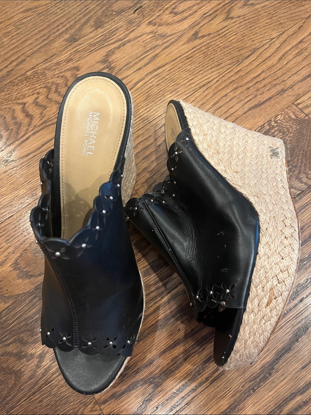 Michael Kors Black Leather Scalloped Espadrille Wedge Slides 7